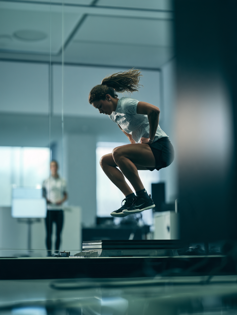 Atleta a realizar Squat Jump em plataforma de força