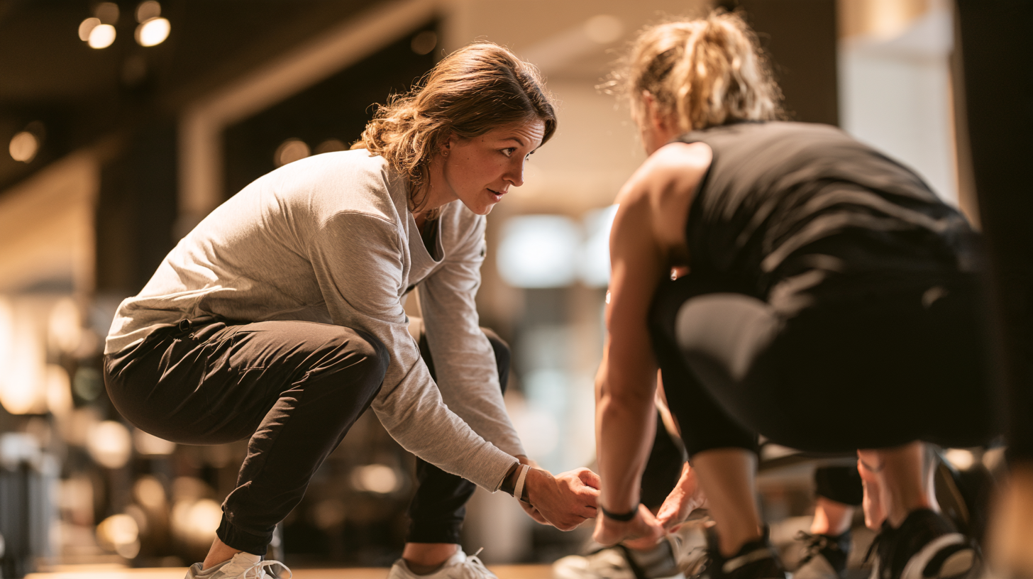 Treinadora a acompanhar cliente em treino personalizado
